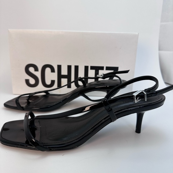 Schutz Heloise Sandal in Black strappy open toe kitten heel shiny patent leather - Picture 4 of 6